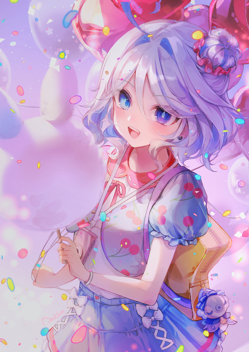 1girl, :d, absurdres, ahoge, alternate_costume, balloon, blue_eyes, blue_pupils