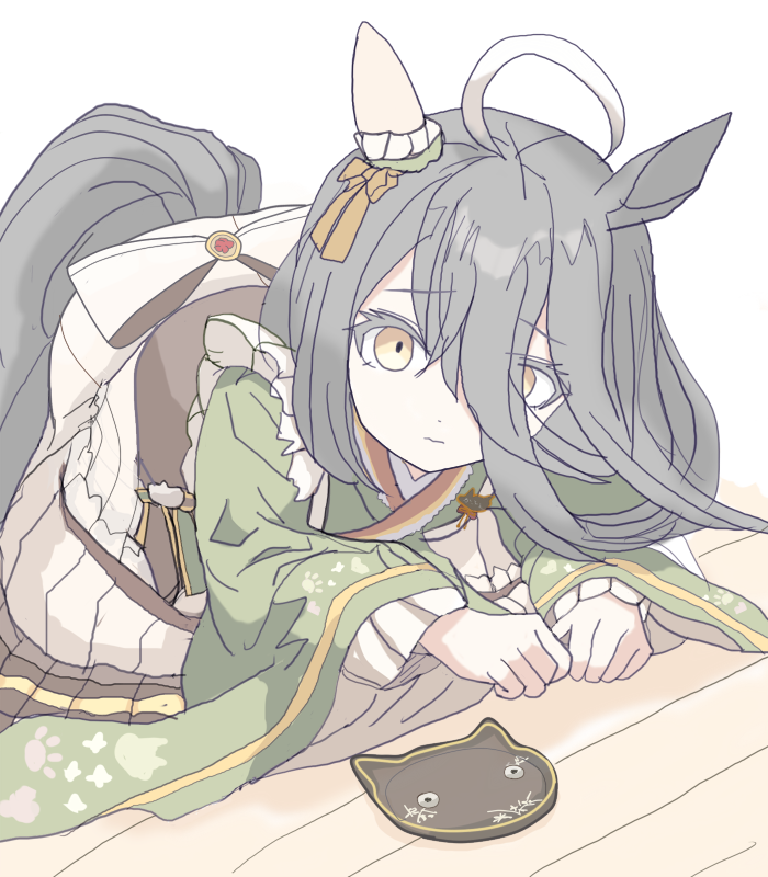 1girl, ahoge, animal_ears, apron, black_hair, closed_mouth, commentary_request, ear_covers