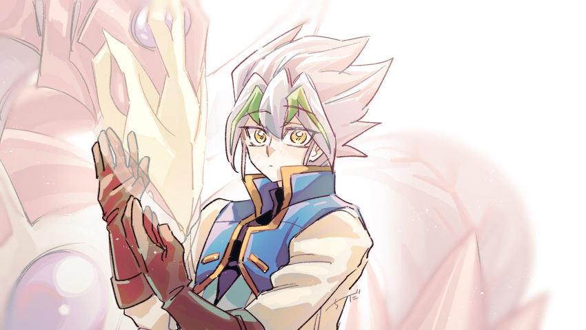 1boy, 1other, brown_gloves, chiizukeiki_iida, closed_mouth, colored_bangs, commentary_request, dragon