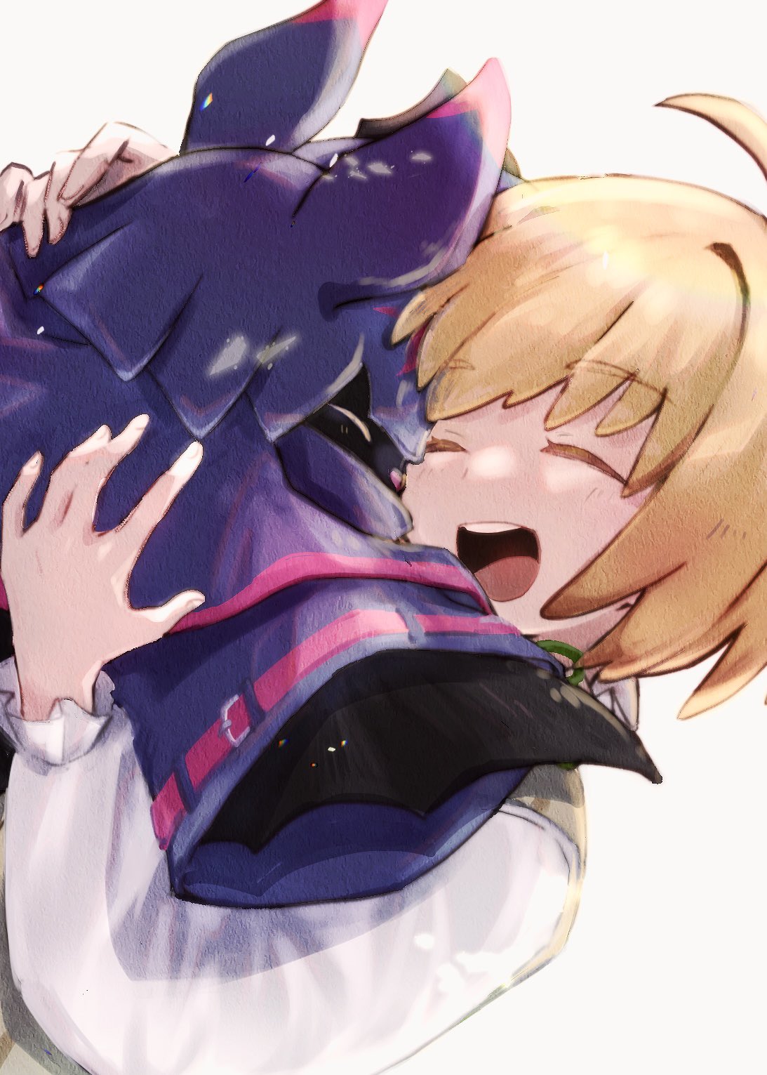 1boy, ahoge, bat_(animal), blonde_hair, chiropmon, closed_eyes, digimon, digimon_(creature), digimon_beatbreak, ebiebionigiri, happy, highres, hug, kuonji_makoto, open_mouth, simple_background, upper_body, white_background