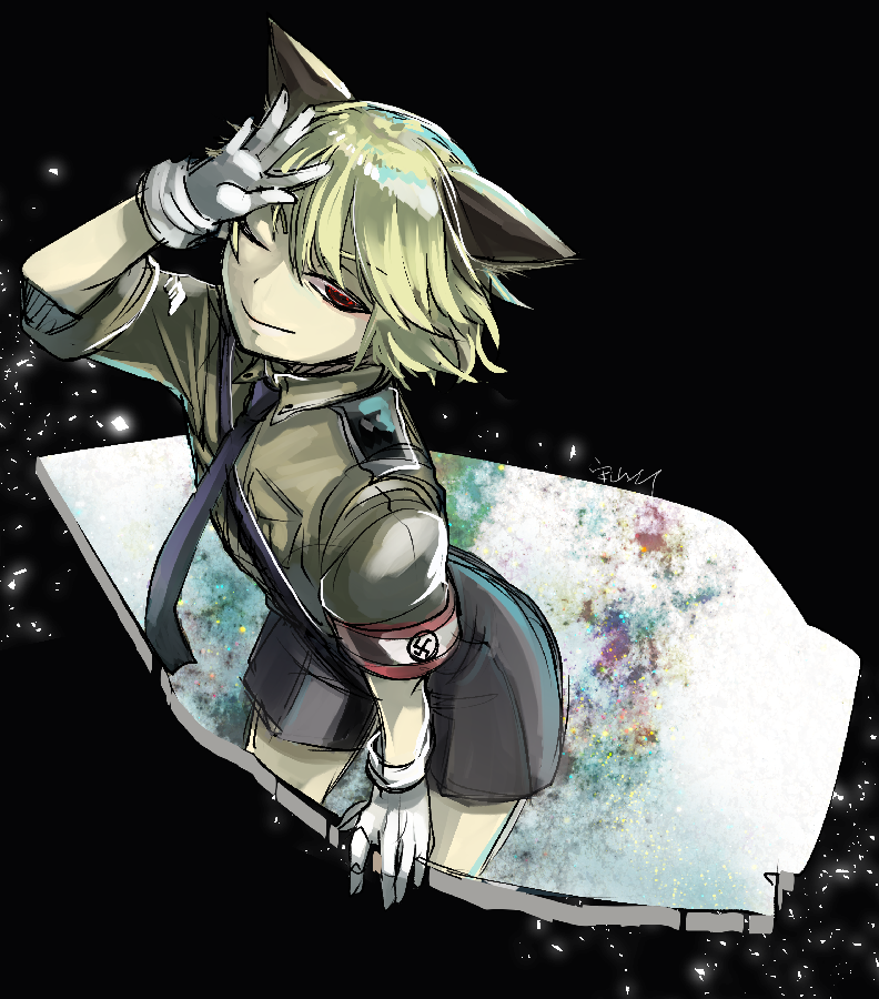 1boy, animal_ears, arm_support, arm_up, armband, belt, black_background, black_necktie, blonde_hair, bloom, cat_boy, cat_ears, closed_mouth, floating_clothes, floating_hair, from_above, gloves, green_shirt, grey_shorts, hair_between_eyes, hand_on_own_head, hellsing, hitler_youth, leaning_forward, light_particles, looking_at_viewer, male_focus, medium_hair, military_uniform, moriyama_ei, narrowed_eyes, nazi, necktie, one-hour_drawing_challenge, one_eye_closed, partially_submerged, pocket, portal_(object), print_armband, red_armband, red_eyes, ripples, schroedinger_(hellsing), shards, shirt, short_shorts, short_sleeves, shorts, shoulder_boards, shoulder_strap, signature, smile, solo, striped_armband, striped_clothes, swastika, swastika_print, through_portal, trap, white_gloves, wing_collar
