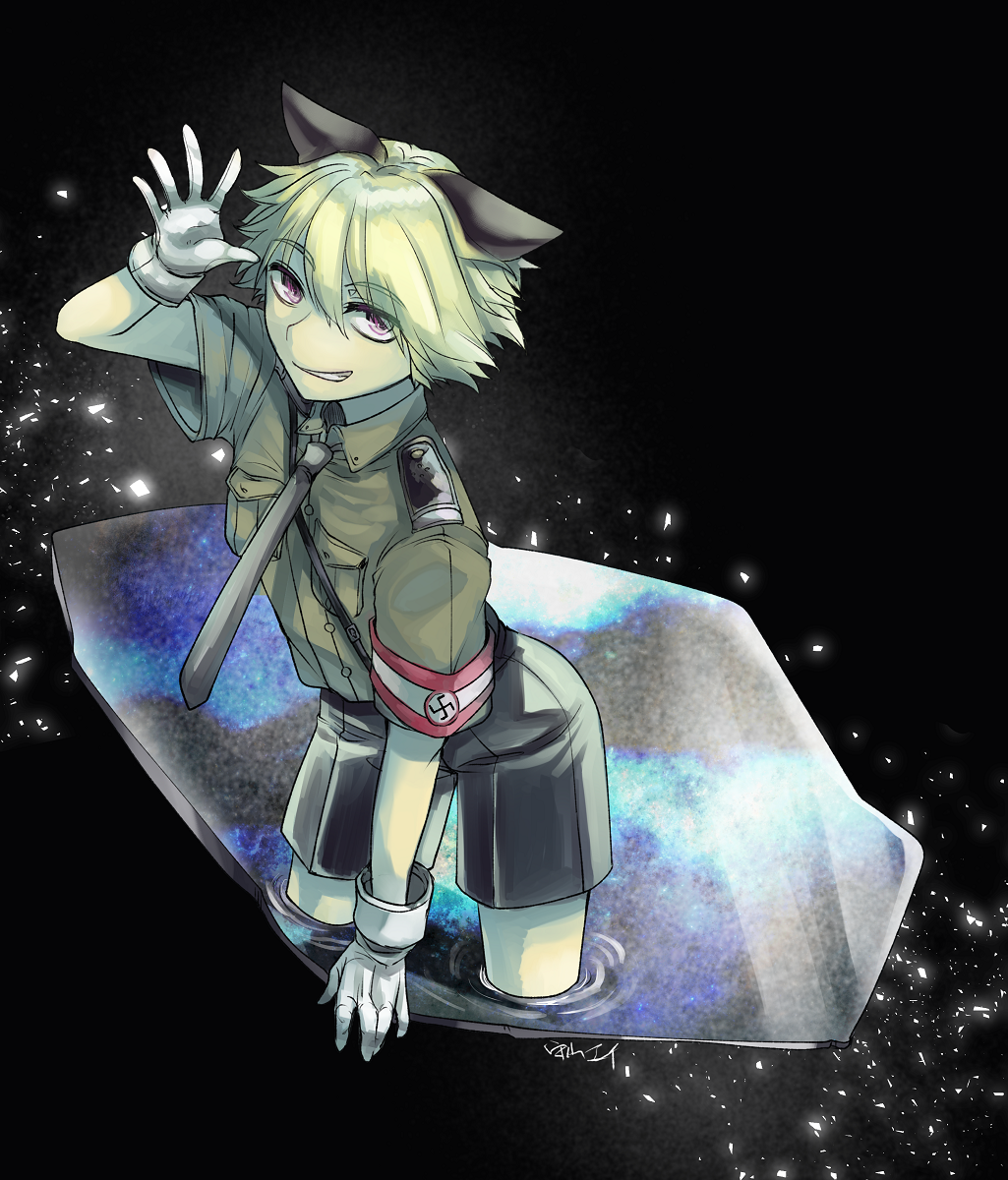 1boy, animal_ears, arm_support, arm_up, armband, belt, black_background, black_necktie