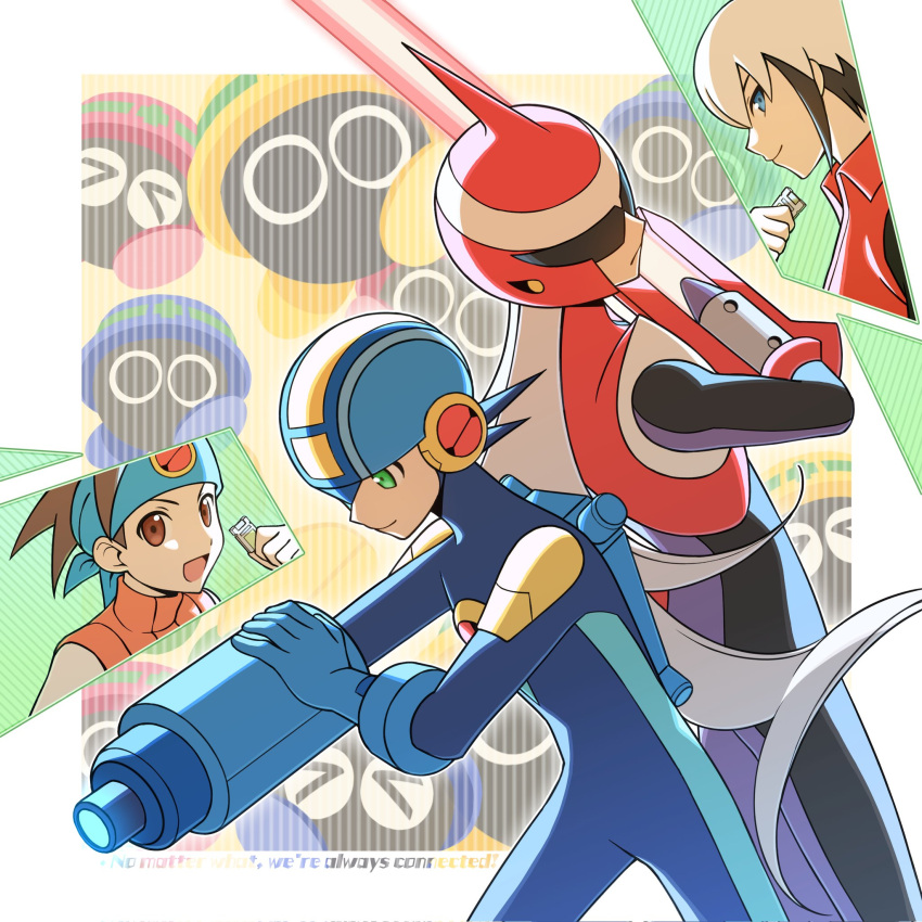 4boys, arm_blade, arm_cannon, armor, back-to-back, black_bodysuit, blue_bodysuit, blue_helmet