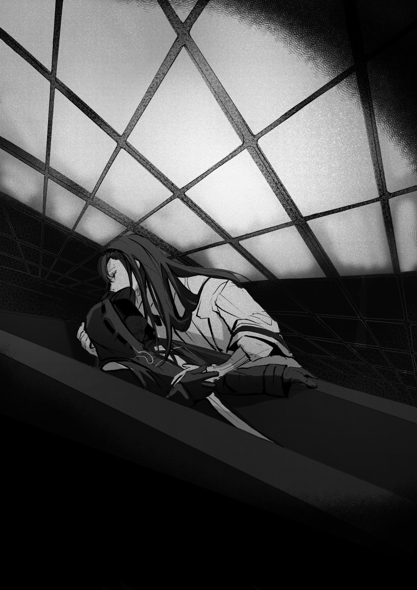 1boy, 1girl, absurdres, arknights, black_hair, black_hairband, black_jacket, closed_eyes