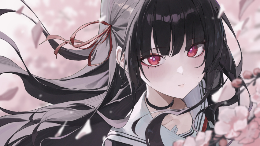 1girl, black_choker, black_hair, black_shirt, blurry, blurry_background, blush, cherry_blossoms