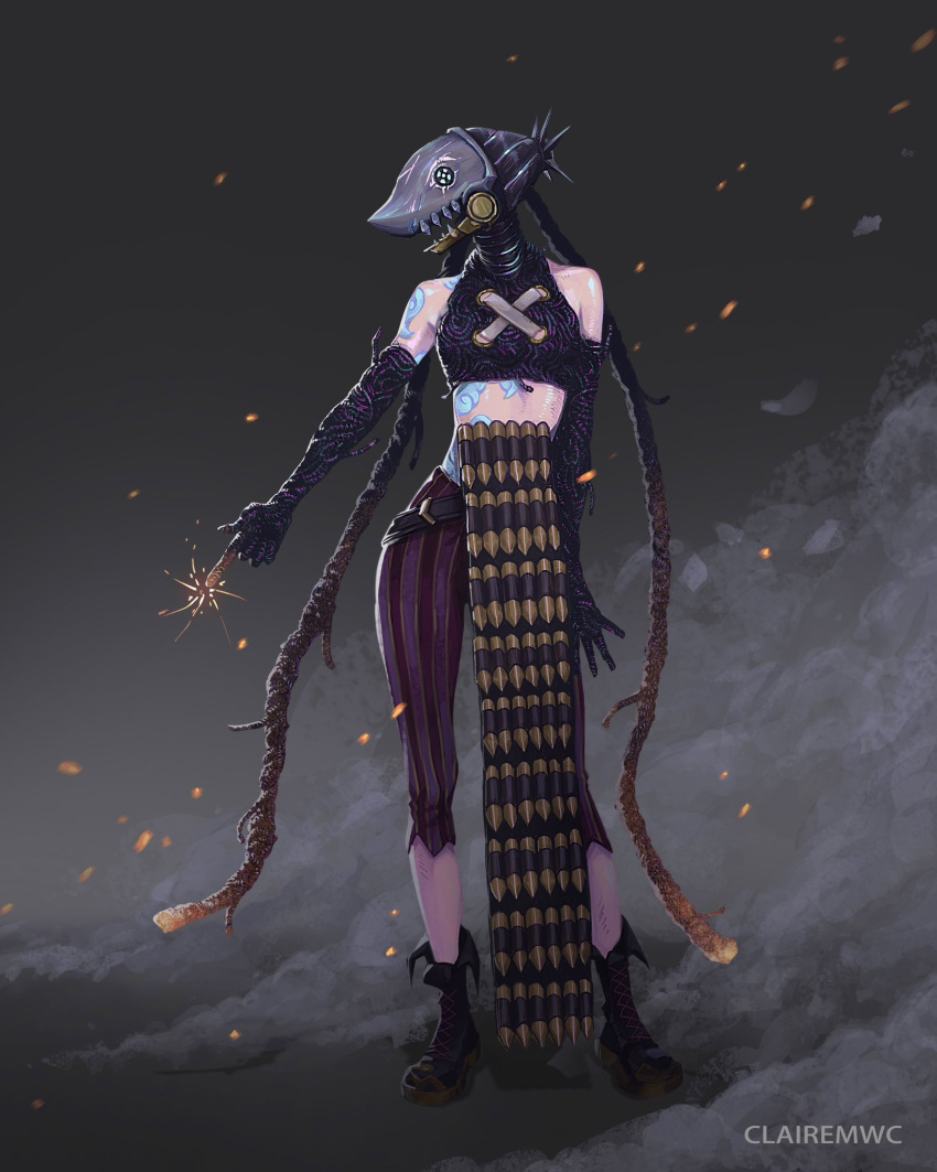 1girl, arcane:_league_of_legends, arcane_jinx, arm_tattoo, artist_name, blue_tattoo, chainsaw_man, clairemwc