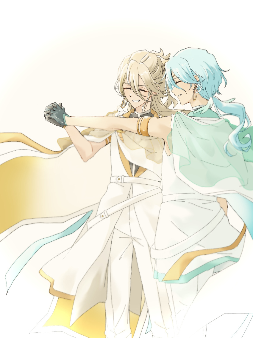 2boys, arm_cuffs, belt, black_gloves, brown_eyes, cardigan, cloak, closed_eyes, cure_connect, earrings, facing_back, gloves, green_cloak, green_eyes, green_hair, hair_between_eyes, hair_ornament, hair_wings, half_gloves, half_updo, hibiki_kaito, highres, holding, holding_hands, hoop_earrings, jacket, jewelry, kazuma_(precure), kimi_to_idol_precure, long_hair, low-tied_long_hair, mature_male, metal_arm_cuffs, multiple_boys, precure, sachi_(wrrs5274), see-through_scarf, sleeveless, smile, transformation, upper_body, white_cloak, wing_hair_ornament