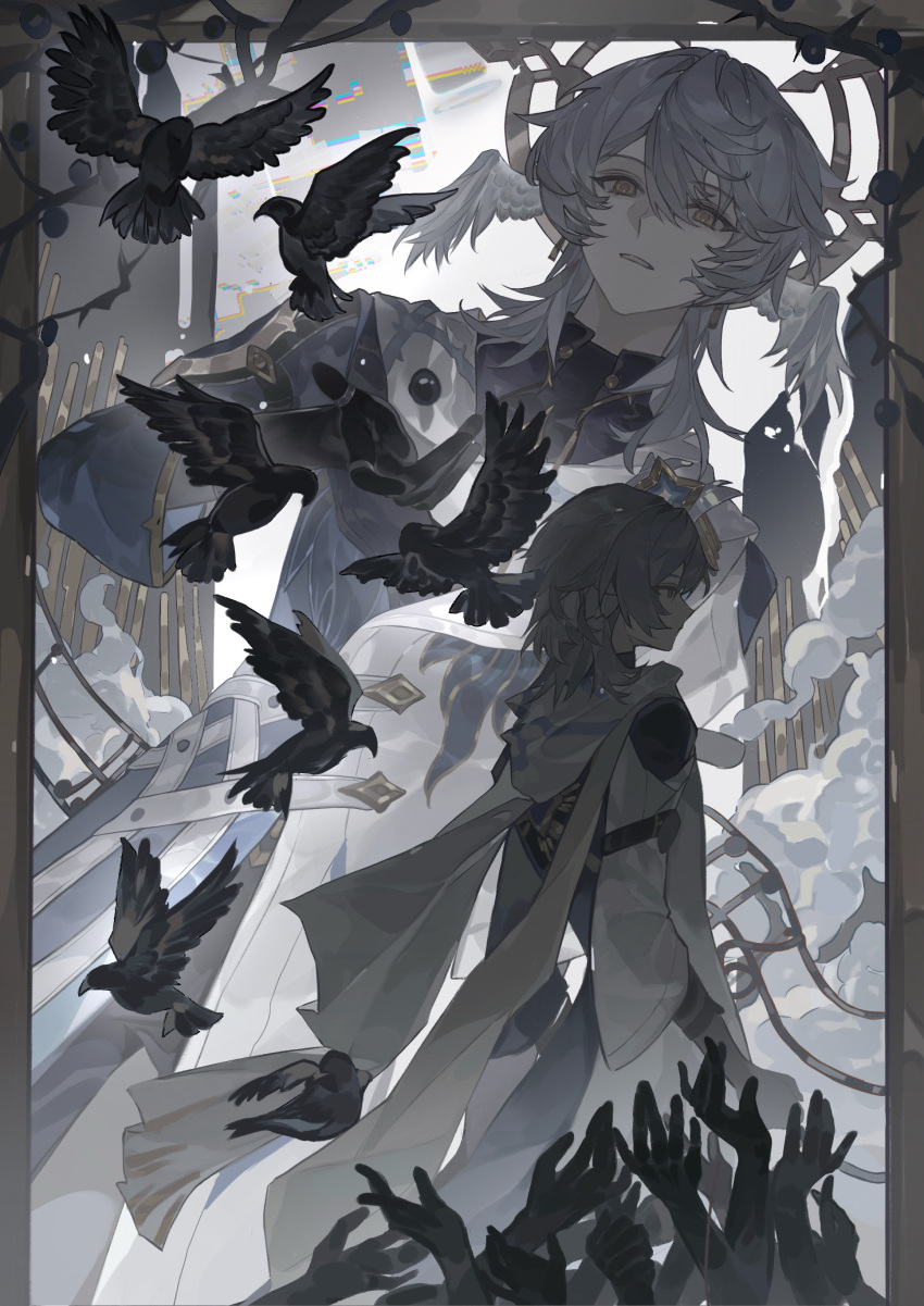 1boy, absurdres, bird, black_bird, black_pants, blue_coat, chinese_commentary, chiyu_(shuchiyu607), coat, commentary_request, disembodied_hand, dual_persona, earrings, feathered_wings, gloves, grey_hair, hair_between_eyes, hair_over_shoulder, halo, halo_behind_head, head_wings, highres, honkai:_star_rail, honkai_(series), jacket, jewelry, long_hair, long_scarf, long_sleeves, looking_at_viewer, male_focus, multicolored_coat, multiple_views, muted_color, pants, profile, scarf, shirt, smoke, sunday_(honkai:_star_rail), upper_body, white_coat, white_scarf, white_wings, wings, yellow_eyes