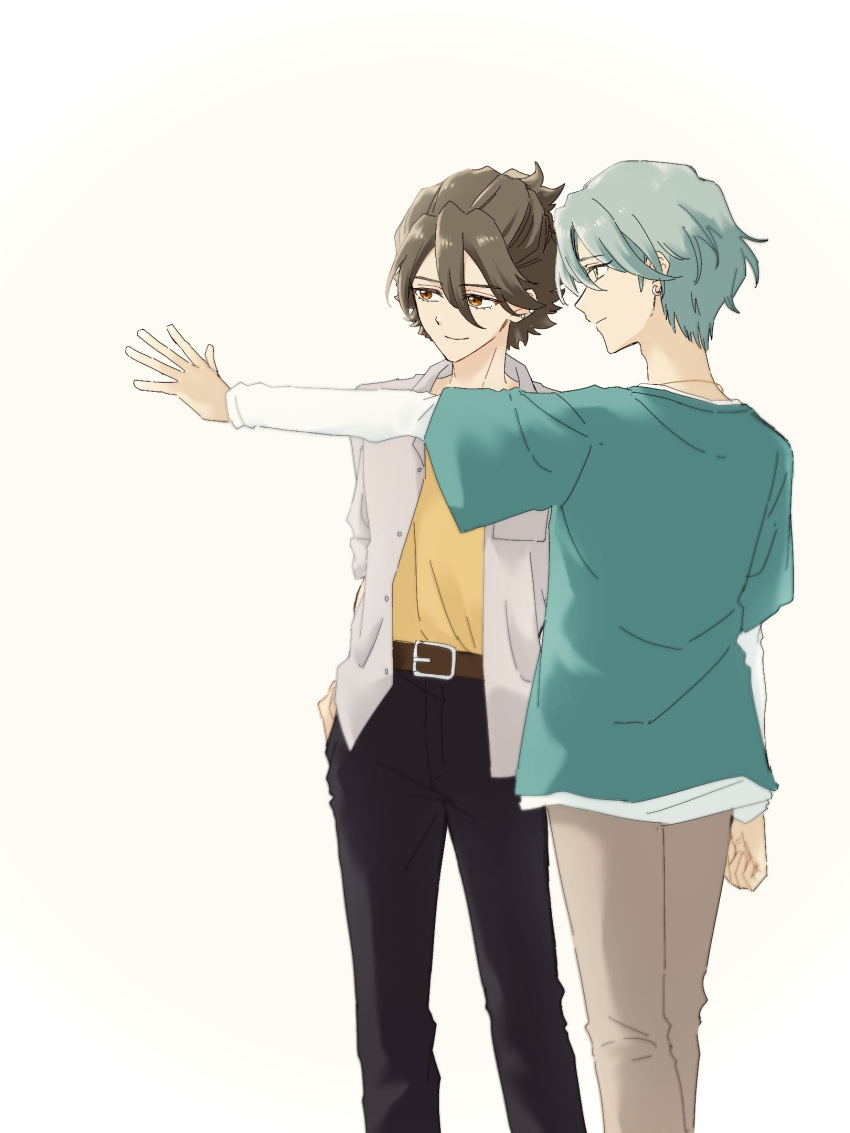 2boys, belt, brown_eyes, brown_hair, cardigan, earrings, facing_back, green_eyes