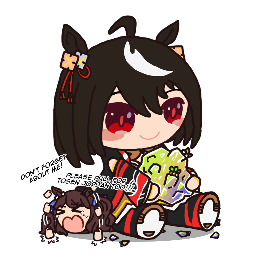 >_<, 2girls, ahoge, animal_ears, black_hair, brown_hair, carat_(umamusume), closed_eyes, crying, english_text, hair_between_eyes, hair_ornament, horse_ears, horse_girl, japanese_clothes, kimono, kitasan_black_(crowning_ooban)_(umamusume), kitasan_black_(umamusume), long_hair, multicolored_hair, multiple_girls, open_mouth, red_eyes, ribbon, sitting, sitting_on_person, streaked_hair, stuffed_toy, terkmc, tosen_jordan_(pop_joker)_(umamusume), tosen_jordan_(umamusume), twintails, umamusume, white_hair, yukata