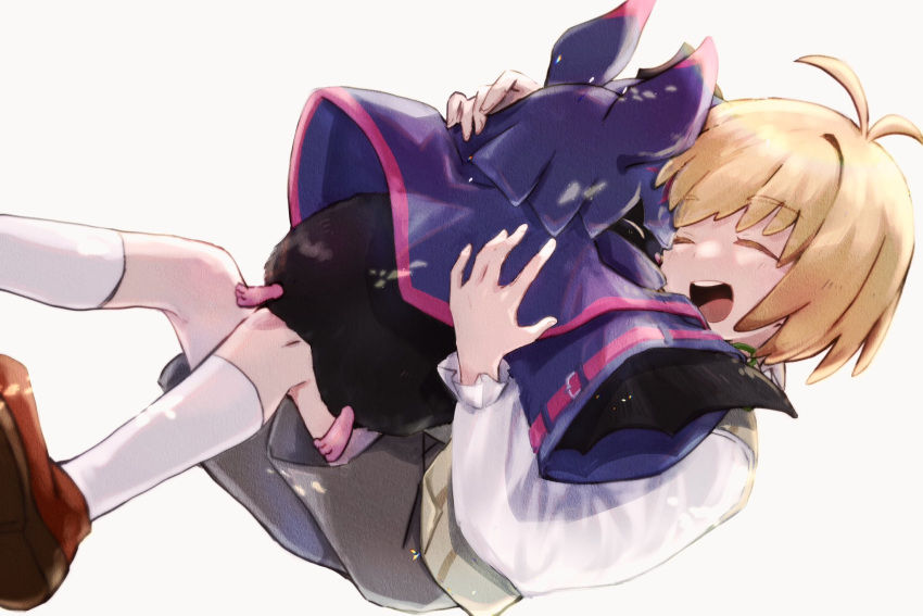 1boy, ahoge, bat_(animal), blonde_hair, chiropmon, closed_eyes, commentary_request, digimon, digimon_(creature), digimon_beatbreak, ebiebionigiri, feet_out_of_frame, happy, highres, hug, kuonji_makoto, open_mouth, shorts, simple_background, stepping_on_frame, upper_body, white_background