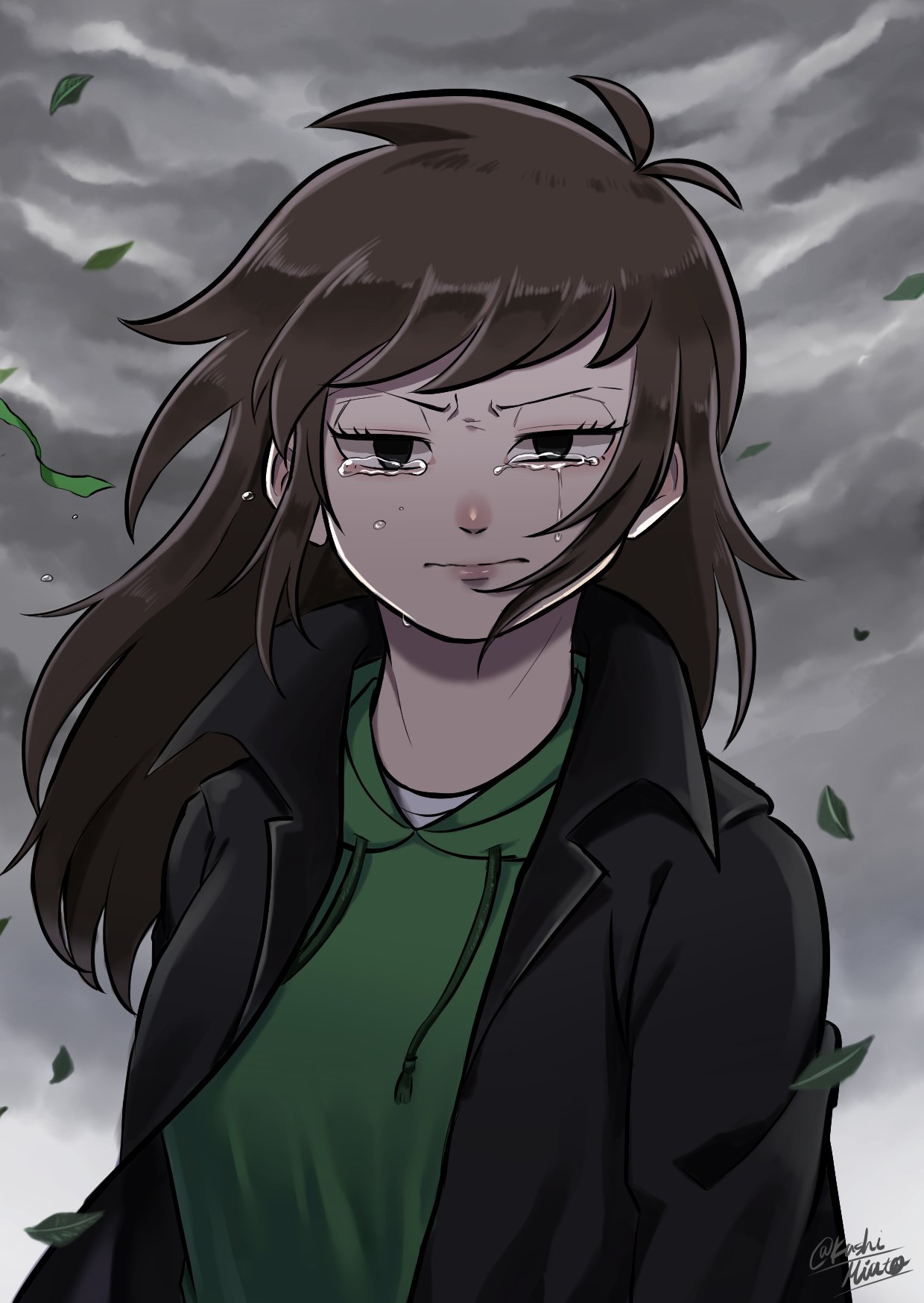 1girl, alternate_hairstyle, animification, antenna_hair, black_coat, black_eyes, brown_hair, clouds