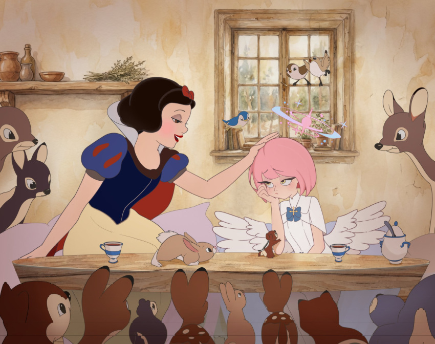 2girls, :/, alternate_hair_length, alternate_hairstyle, angel_wings, bird, black_hair, blue_archive
