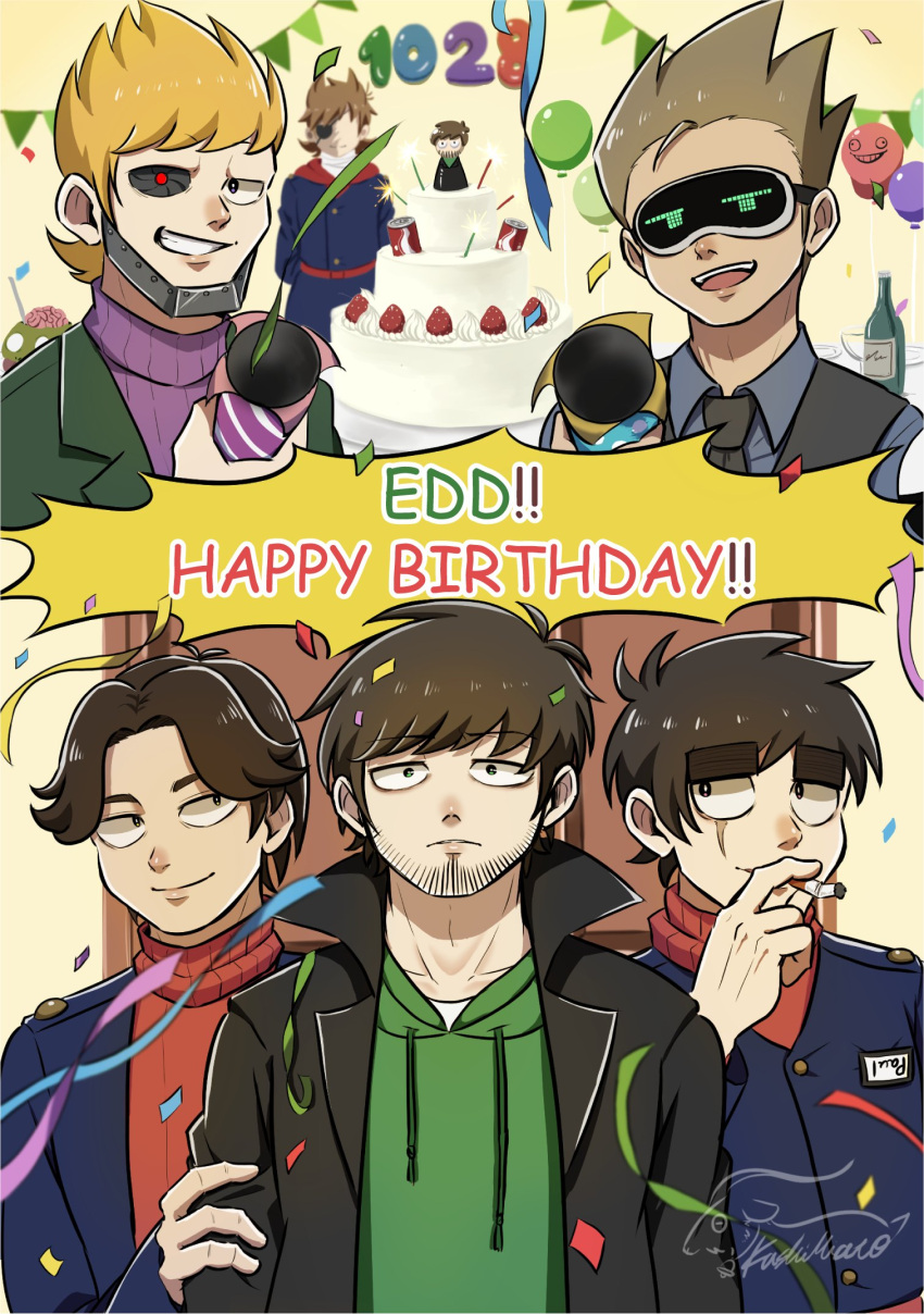 6+boys, animification, antenna_hair, artificial_eye, bandaged_neck, bandages, beard_stubble, birthday