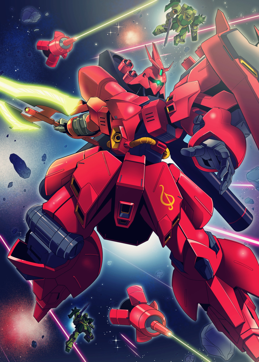 absurdres, char's_counterattack, energy_sword, funnels_(gundam), geara_doga, glowing, green_eyes, gundam
