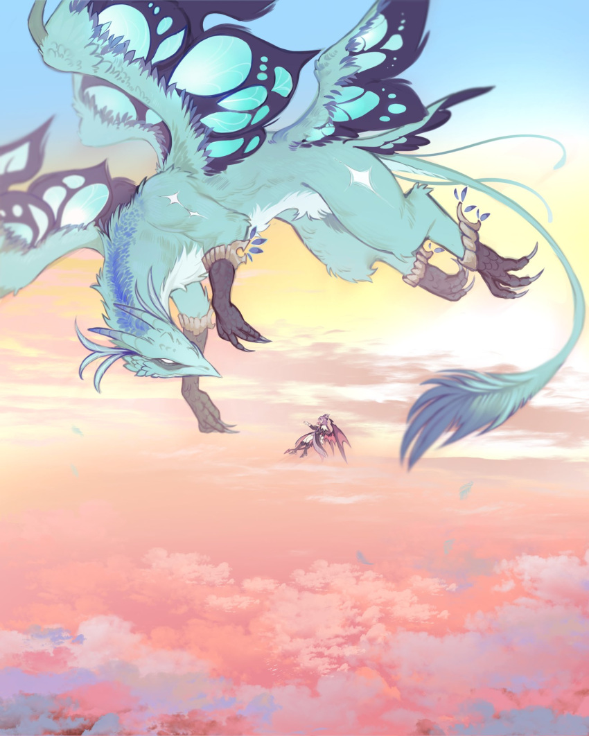 1boy, above_clouds, aqua_fur, claws, clouds, commentary, dragon, dragon_boy