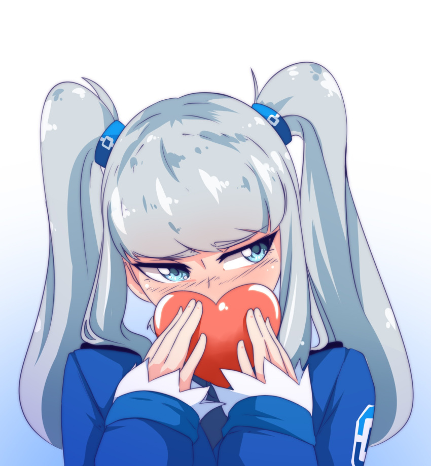 1girl, blue_eyes, blue_jacket, blue_necktie, blush, deredereday, dress_shirt, embarrassed