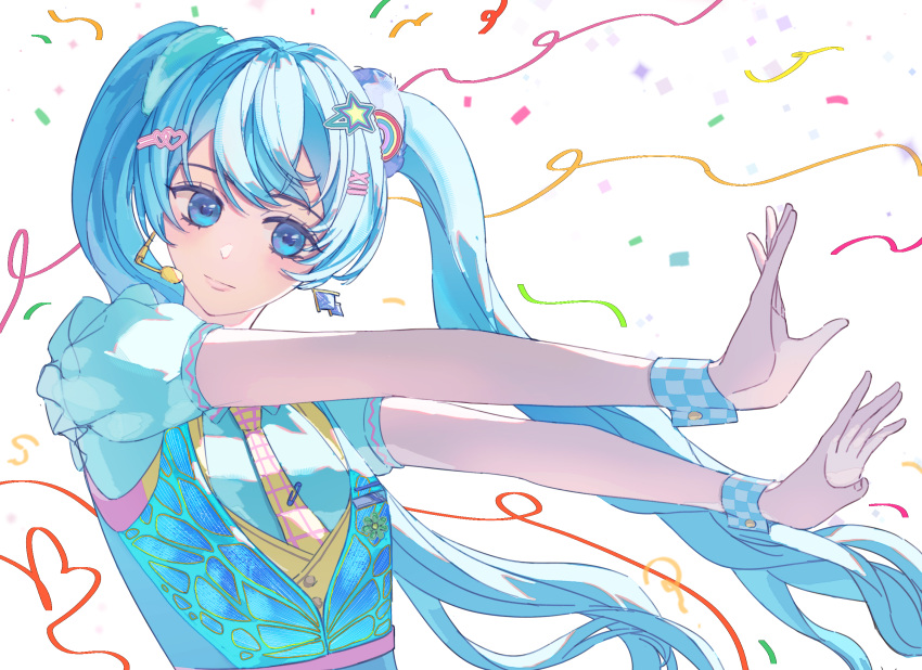 1girl, animal_print, aqua_scrunchie, blue_eyes, blue_hair, blue_scrunchie, blue_shirt, blue_vest