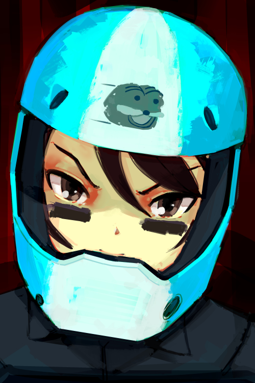 1girl, blue_helmet, brigador, brown_eyes, brown_facepaint, brown_hair, facepaint, hair_between_eyes