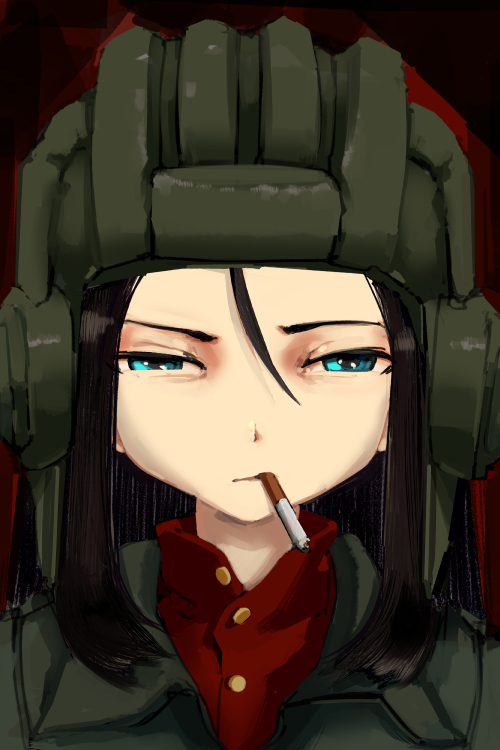 1girl, alternate_costume, black_hair, blue_eyes, brigador, buttons, cigarette, collared_shirt
