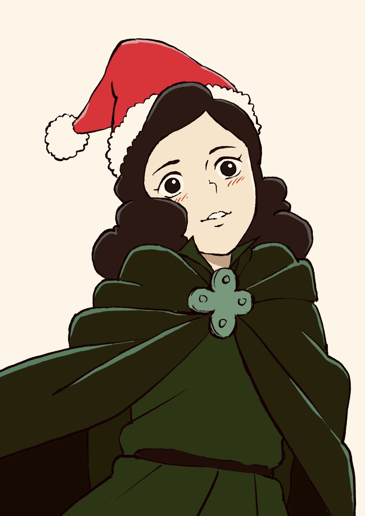 1girl, blush, brown_hair, cape, gojooni, green_cape, hat, highres