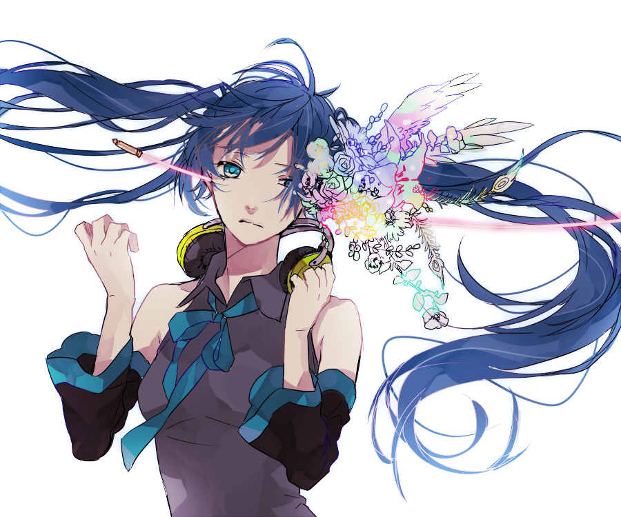 aqua_eyes, blue_hair, detached_sleeves, flower, hatsune_miku, headphones, headphones_around_neck, saikawa_(0902k137)