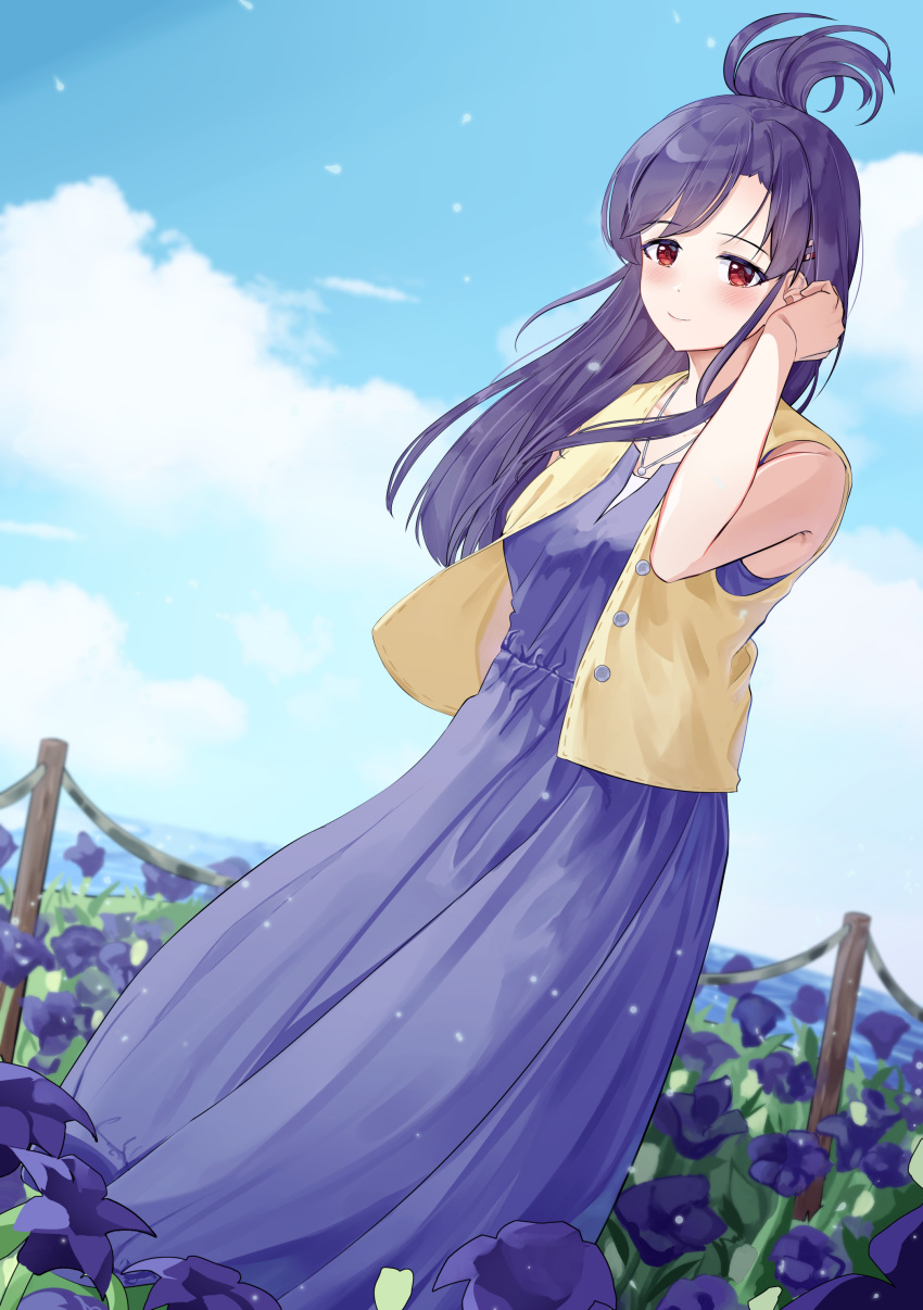 1girl, 96mako, absurdres, adjusting_hair, blue_dress, blue_sky, blush, breasts