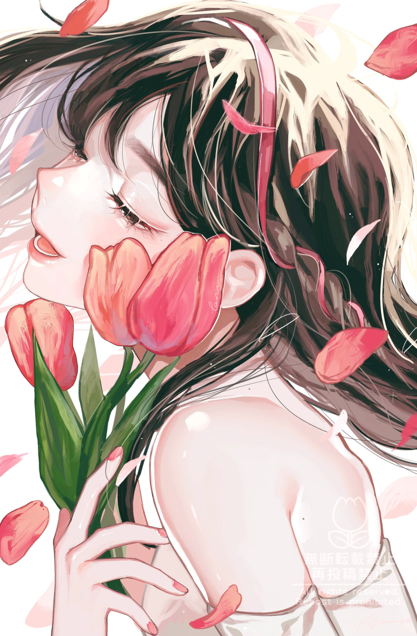 1girl, absurdres, black_hair, commentary_request, flower, half-closed_eyes, highres, long_hair