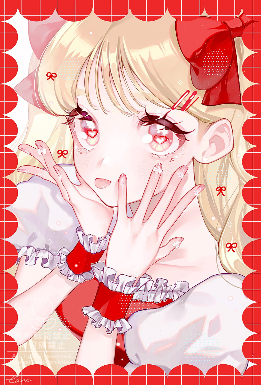 1girl, absurdres, blonde_hair, blush, commentary, hair_ornament, hair_ribbon, hairclip