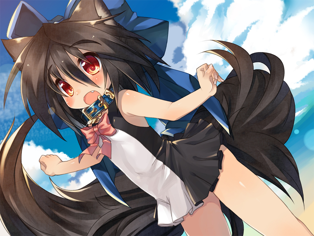 1girl, animal_ears, animal_tail, bare_legs, black_hair, blue_collar, blush, bow