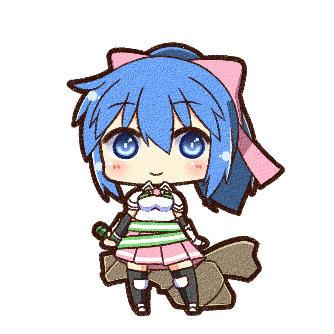 1girl, armor, black_thighhighs, blue_eyes, blue_hair, blush, bow, breastplate, chibi, chibi_only, closed_mouth, commentary_request, full_body, gauntlets, hair_bow, high_ponytail, long_hair, looking_at_viewer, lord_knight_(ragnarok_online), pink_bow, pink_skirt, ponytail, ragnarok_online, shizukushigure, simple_background, skirt, smile, solo, spica_parfait, thigh-highs, white_background
