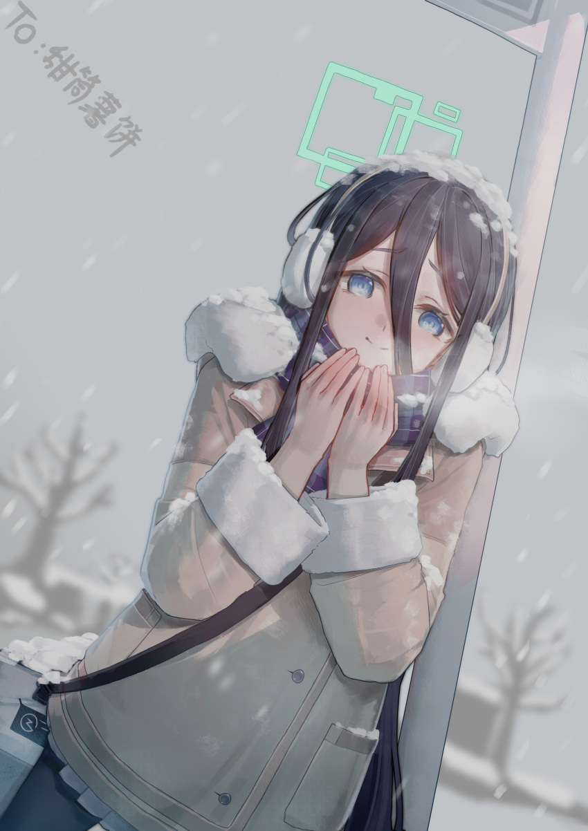 1girl, absurdres, aqua_halo, aris_(blue_archive), aris_(winter)_(blue_archive), bag, bare_tree, black_hair