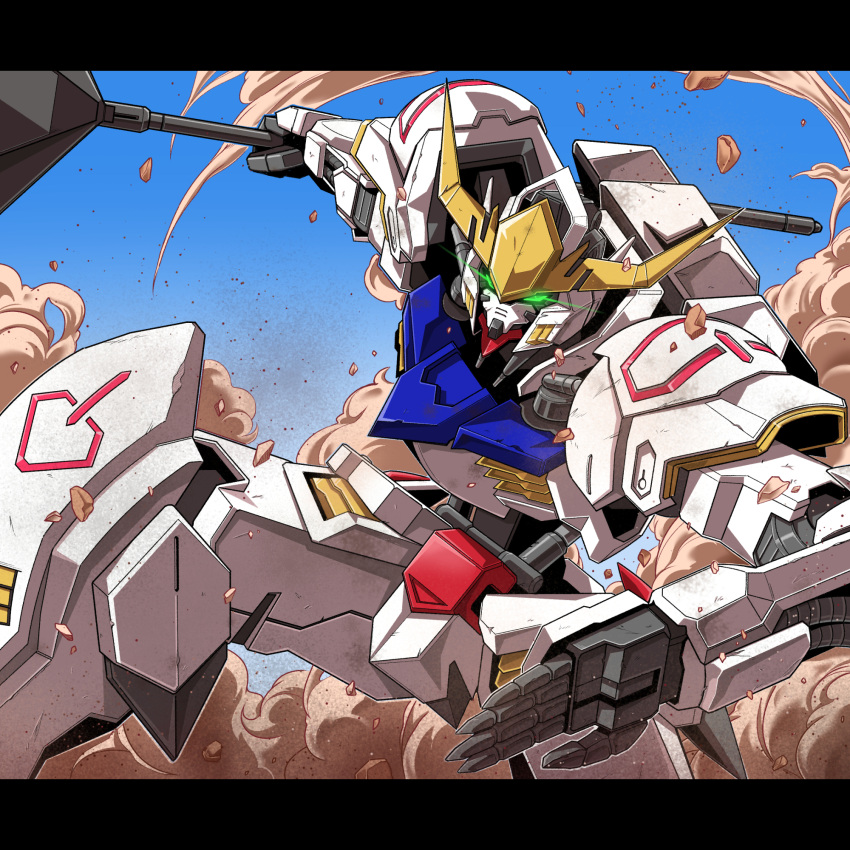 glowing, glowing_eyes, green_eyes, gundam, gundam_barbatos, gundam_tekketsu_no_orphans, highres, holding
