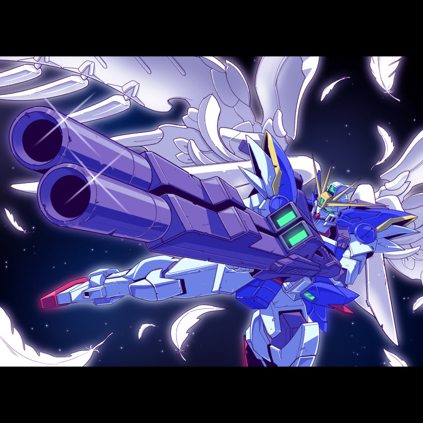buster_rifle, feathers, glowing, green_eyes, gun, gundam, gundam_wing, gundam_wing:_endless_waltz