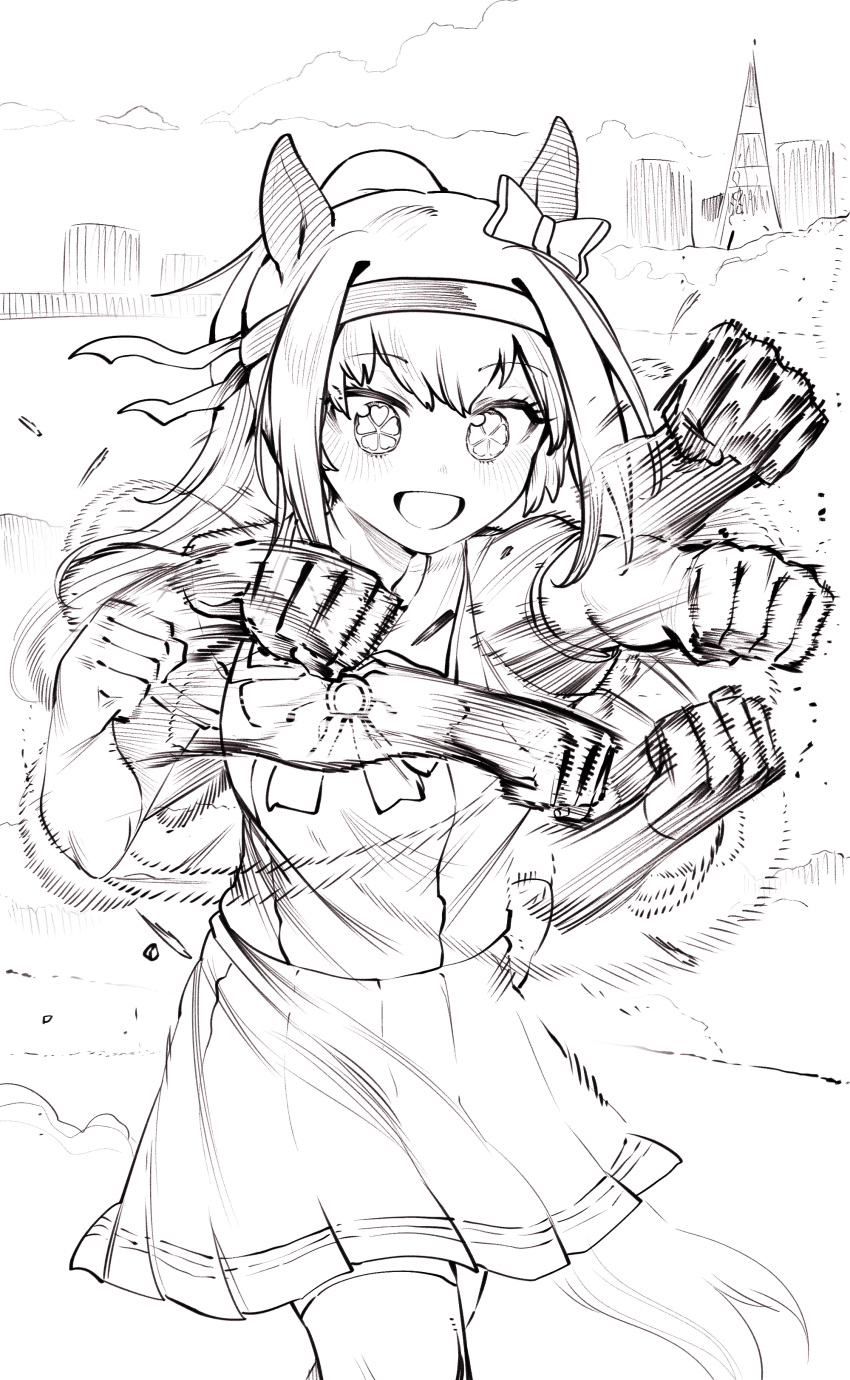 1girl, absurdres, afterimage, animal_ears, bow, clenched_hands, ear_bow, ear_covers, flower-shaped_pupils, flower_in_eye, haru_urara_(umamusume), headband, highres, horse_ears, horse_girl, horse_tail, monochrome, niwarhythm, puffy_short_sleeves, puffy_sleeves, punching, rapid_punches, school_uniform, short_sleeves, solo, symbol-shaped_pupils, symbol_in_eye, tail, tracen_school_uniform, umamusume