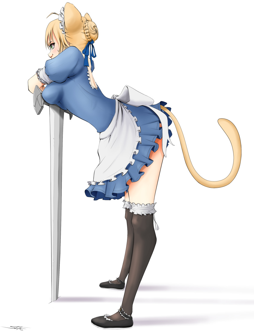 1girl, absurdres, ahoge, animal_ears, apron, artoria_pendragon_(fate), black_pantyhose, black_shoes, blonde_hair, blue_dress, blue_ribbon, bow, braid, breasts, carnival_phantasm, cat_ears, cat_girl, cat_tail, commentary, dress, english_commentary, fate/stay_night, fate_(series), frills, from_side, green_eyes, hair_between_eyes, hair_ribbon, highres, holding, holding_sword, holding_weapon, maid, maid_apron, maid_headdress, medium_breasts, official_alternate_costume, pantyhose, planted, planted_sword, puffy_sleeves, ribbon, saber_(fate), shoes, short_hair, short_sleeves, skitsroom, solo, sword, tail, weapon, white_apron