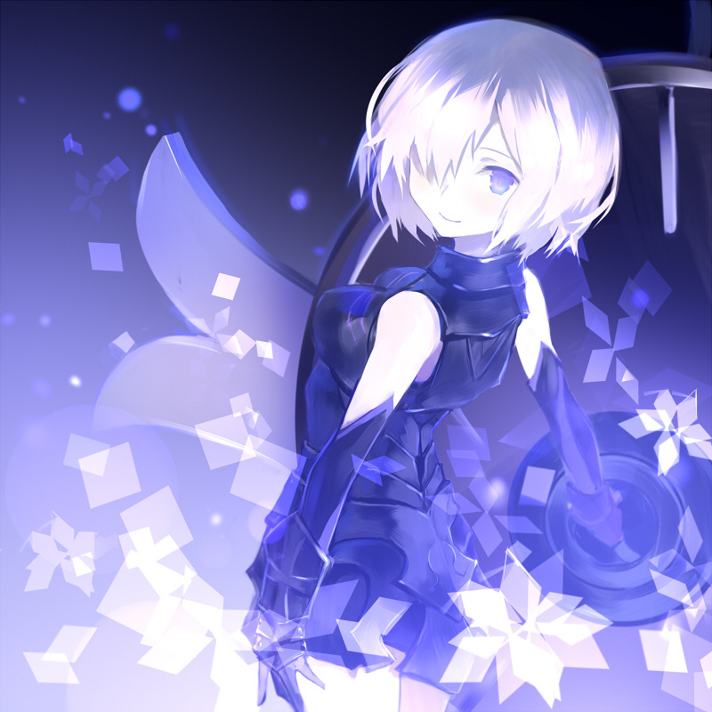 1girl, alt_(apou), bare_shoulders, black_gloves, blush, breasts, commentary_request, detached_sleeves, fate/grand_order, fate_(series), gloves, hair_over_one_eye, holding, holding_shield, looking_at_viewer, mash_kyrielight, mash_kyrielight_(demi-servant), medium_breasts, pale_skin, pink_hair, shield, short_hair, simple_background, smile, solo, violet_eyes