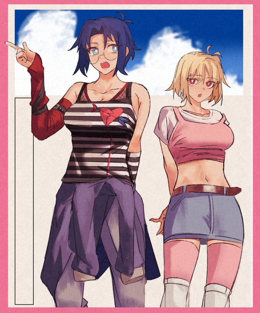 2girls, :o, absurdres, ahoge, alternate_costume, arcueid_brunestud, arms_behind_back, belt