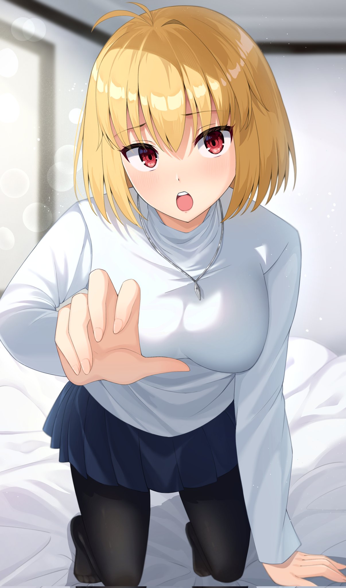 1girl, ahoge, arcueid_brunestud, bedroom, blanket, blonde_hair, blue_skirt, blush