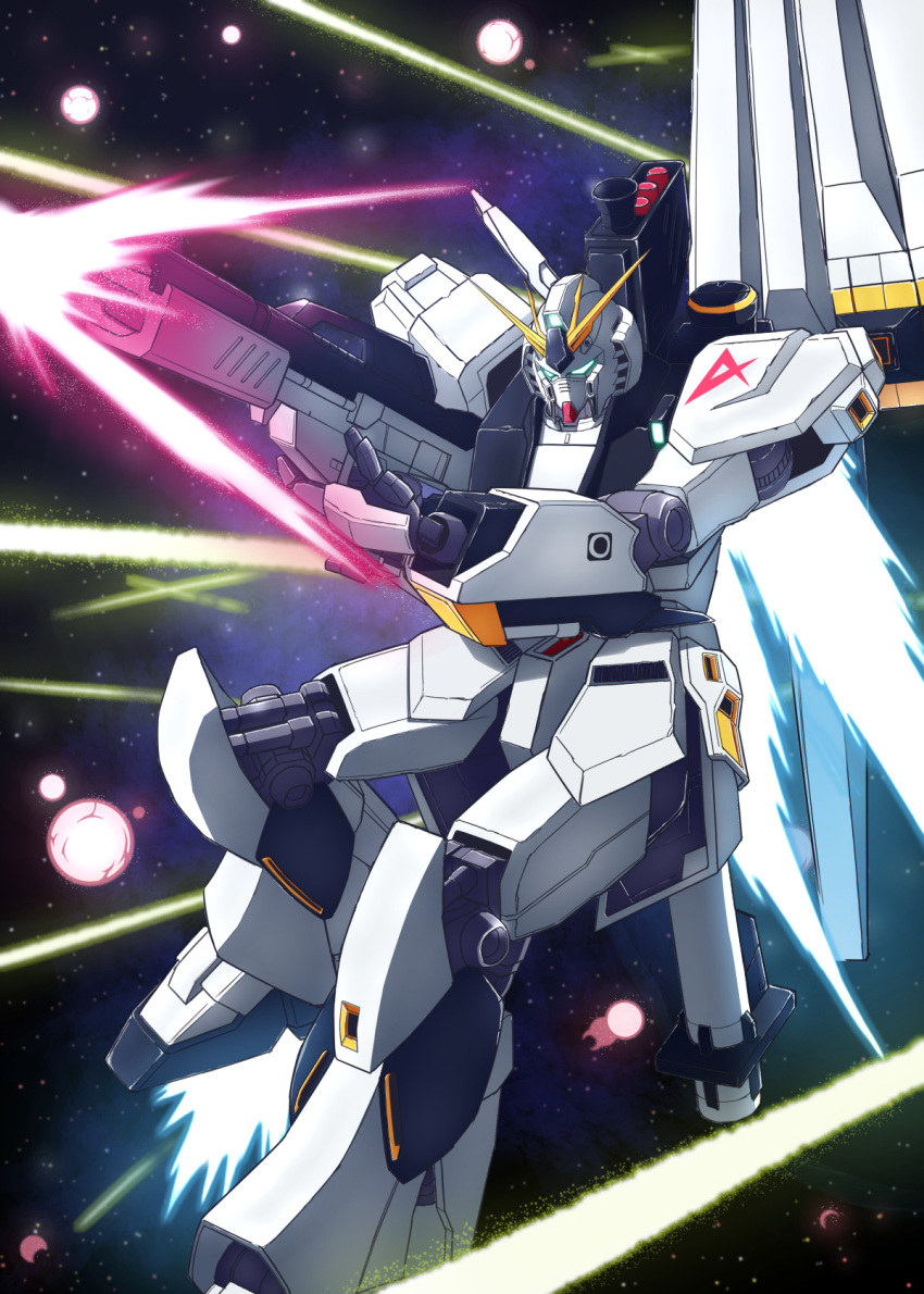beam_rifle, char's_counterattack, commentary_request, eccu7732, energy_gun, fin_funnels, funnels_(gundam), glowing