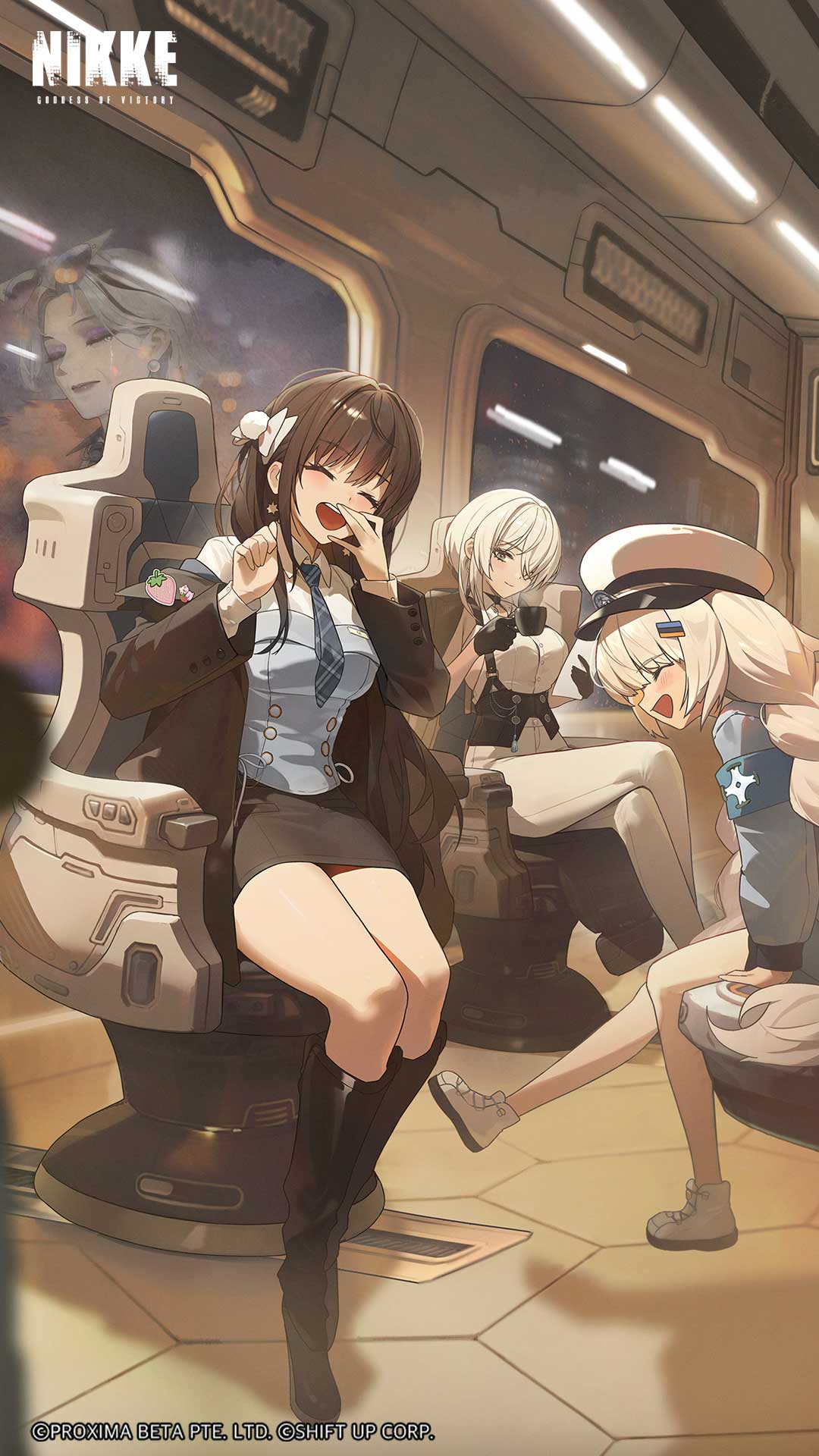 4girls, black_coat, black_gloves, black_hair, blue_eyes, blue_necktie, blue_pants, braid