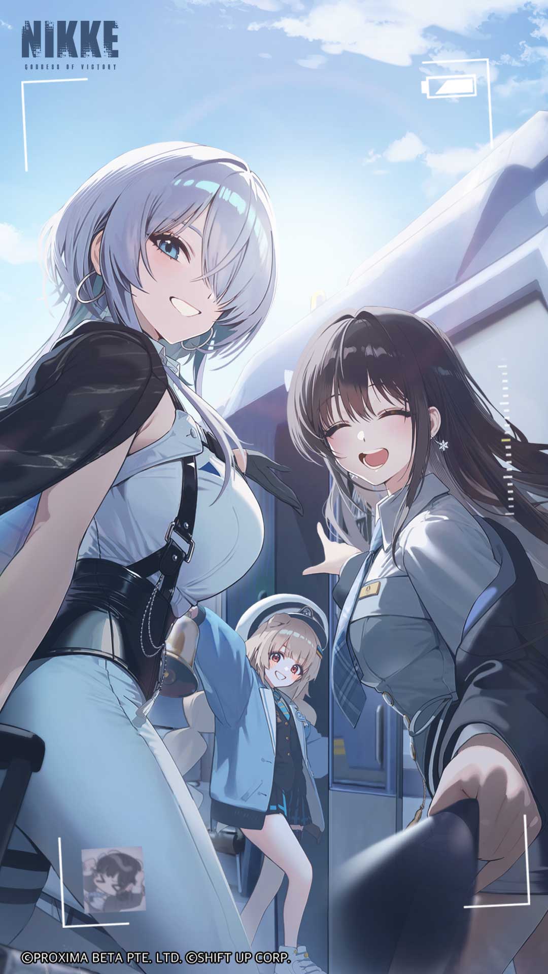 3girls, black_coat, black_hair, blue_eyes, blue_necktie, blue_pants, blue_sky, brid_(nikke)