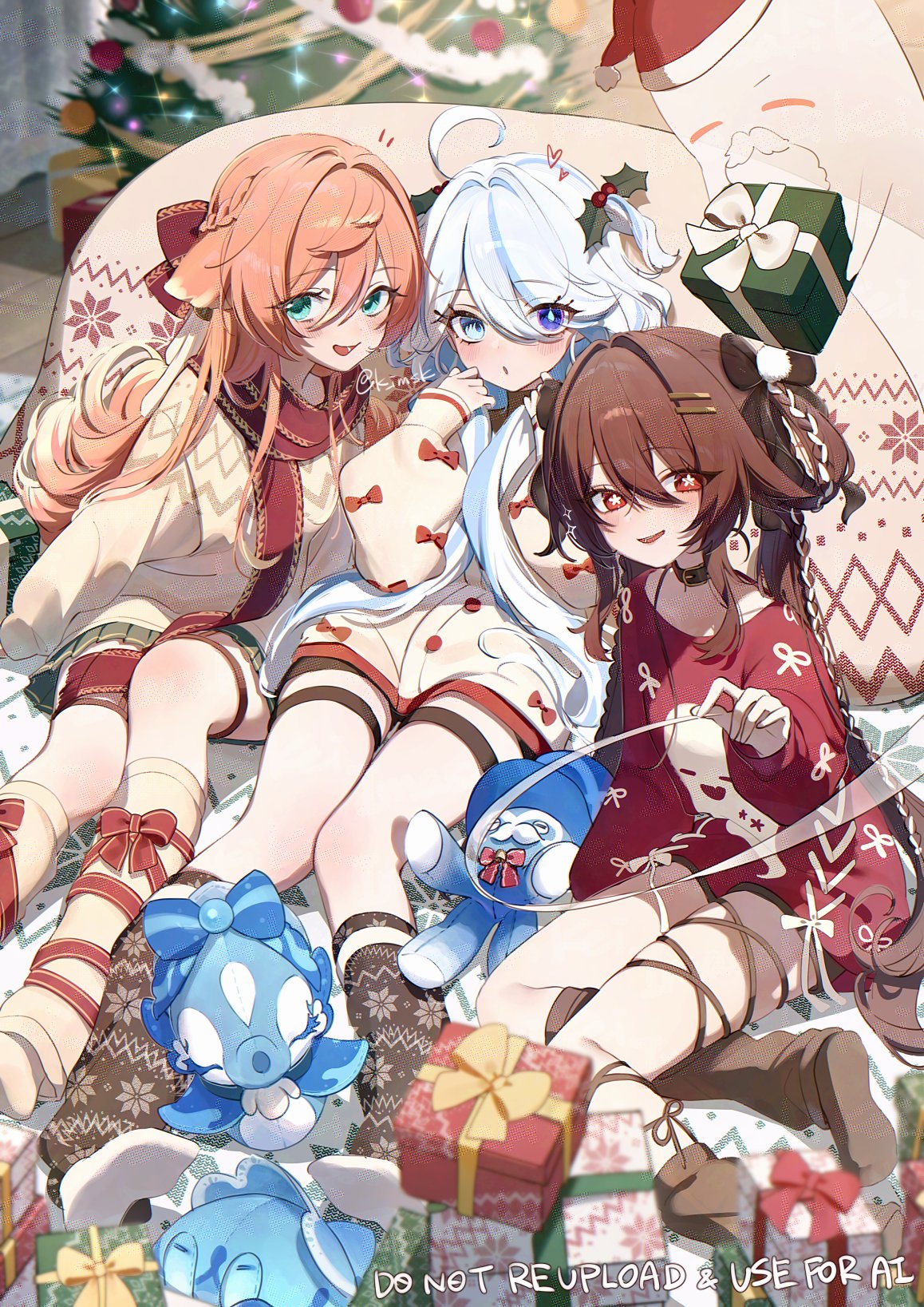 3girls, :o, ahoge, animal_ears, blue_eyes, blue_hair, blush, boo_tao_(genshin_impact), bow, buttons, cardigan, choker, christmas, christmas_tree, eyebrows_visible_through_hair, furina_(genshin_impact), genshin_impact, gentilhomme_usher, ghost, gift, gift_box, green_eyes, grey_skirt, hair_bow, hair_intakes, hair_ornament, hair_ribbon, hand_up, hands_on_own_face, heart, heterochromia, highres, holly, holly_hair_ornament, hu_tao_(genshin_impact), imasaki_kei, leg_warmers, long_sleeves, looking_at_viewer, mademoiselle_crabaletta, miniskirt, open_mouth, pink_hair, pom_pom_(clothes), red_shirt, ribbon, santa_costume, santa_hat, scarf, smile, socks, sparkle, stuffed_animal, stuffed_toy, surintendante_chevalmarin, sweater, symbol-shaped_pupils, thigh_strap, thighs, twintails, two-tone_hair, white_hair, white_shirt, yanfei_(genshin_impact)