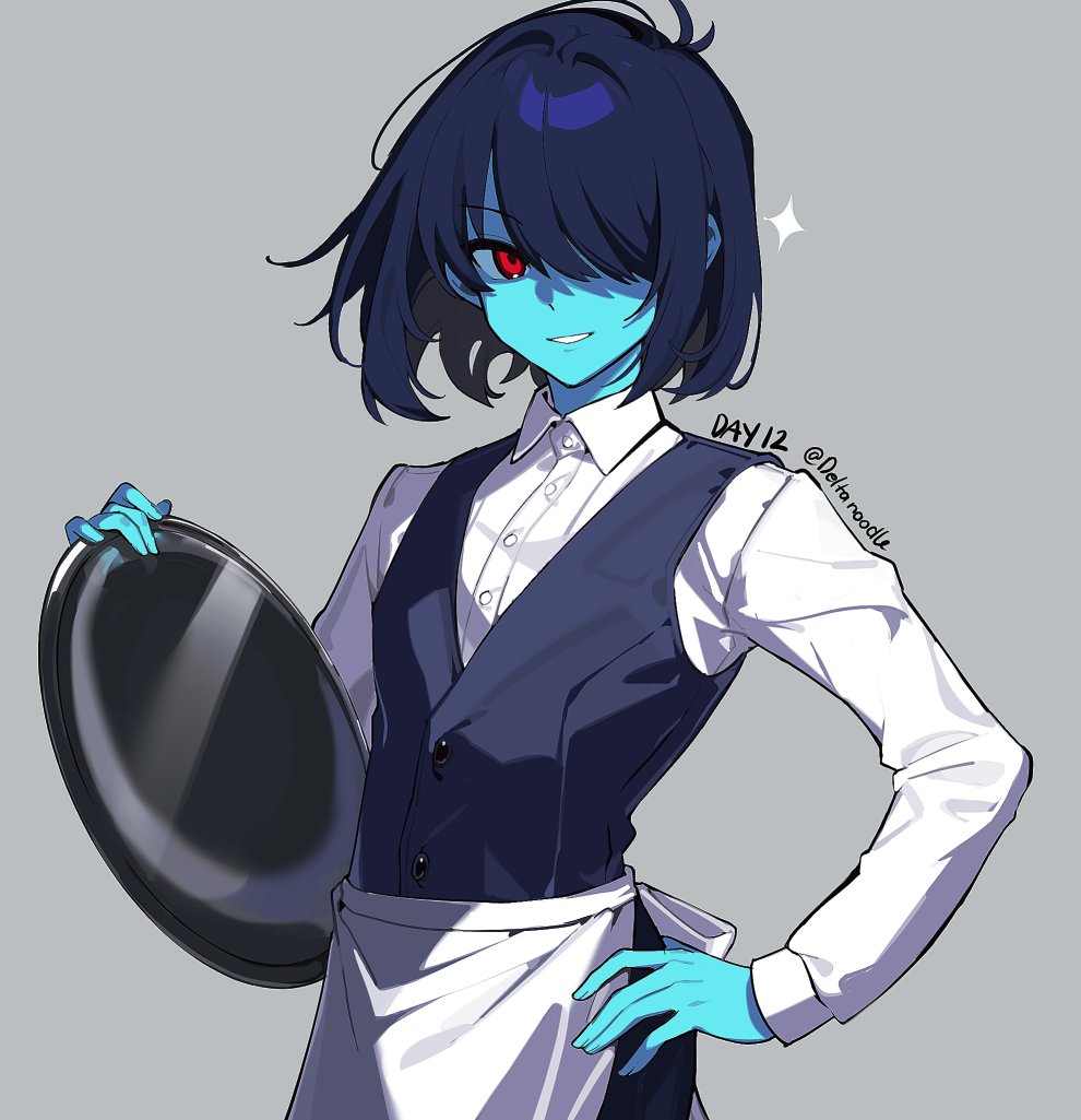 1other, apron, black_pants, blue_hair, blue_skin, blue_vest, colored_skin, commentary, cowboy_shot, deltanoodle, deltarune, dress_shirt, english_commentary, grey_background, hair_over_one_eye, hand_on_own_hip, holding, holding_tray, kris_(cooking_show)_(deltarune), kris_(dark_world)_(deltarune), kris_(deltarune), long_sleeves, looking_at_viewer, one_eye_covered, other_focus, pants, parted_lips, red_eyes, shirt, short_hair, simple_background, sleeve_cuffs, smile, solo, sparkle, tray, twitter_username, utdr_(toby_fox), vest, waist_apron, white_apron, white_shirt, wing_collar