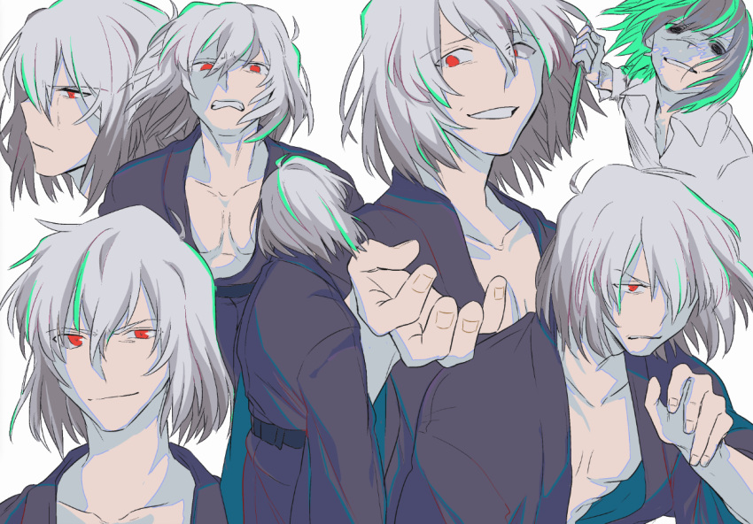 1boy, angry, blue_kimono, collared_shirt, commentary_request, fighting_stance, floating_hair, hair_between_eyes