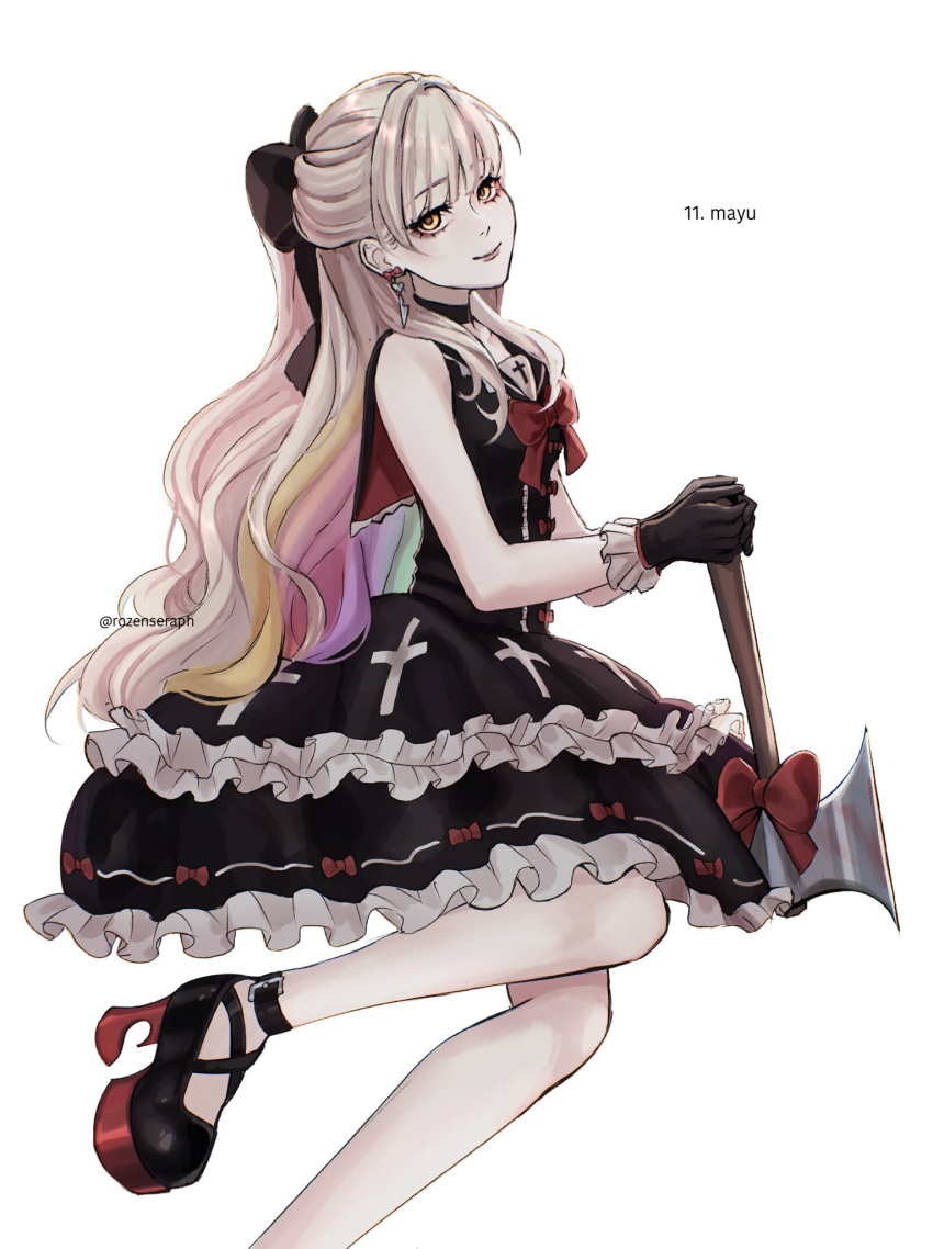 1girl, aegyo_sal, axe, bare_shoulders, black_dress, black_gloves, black_shoes, blonde_hair