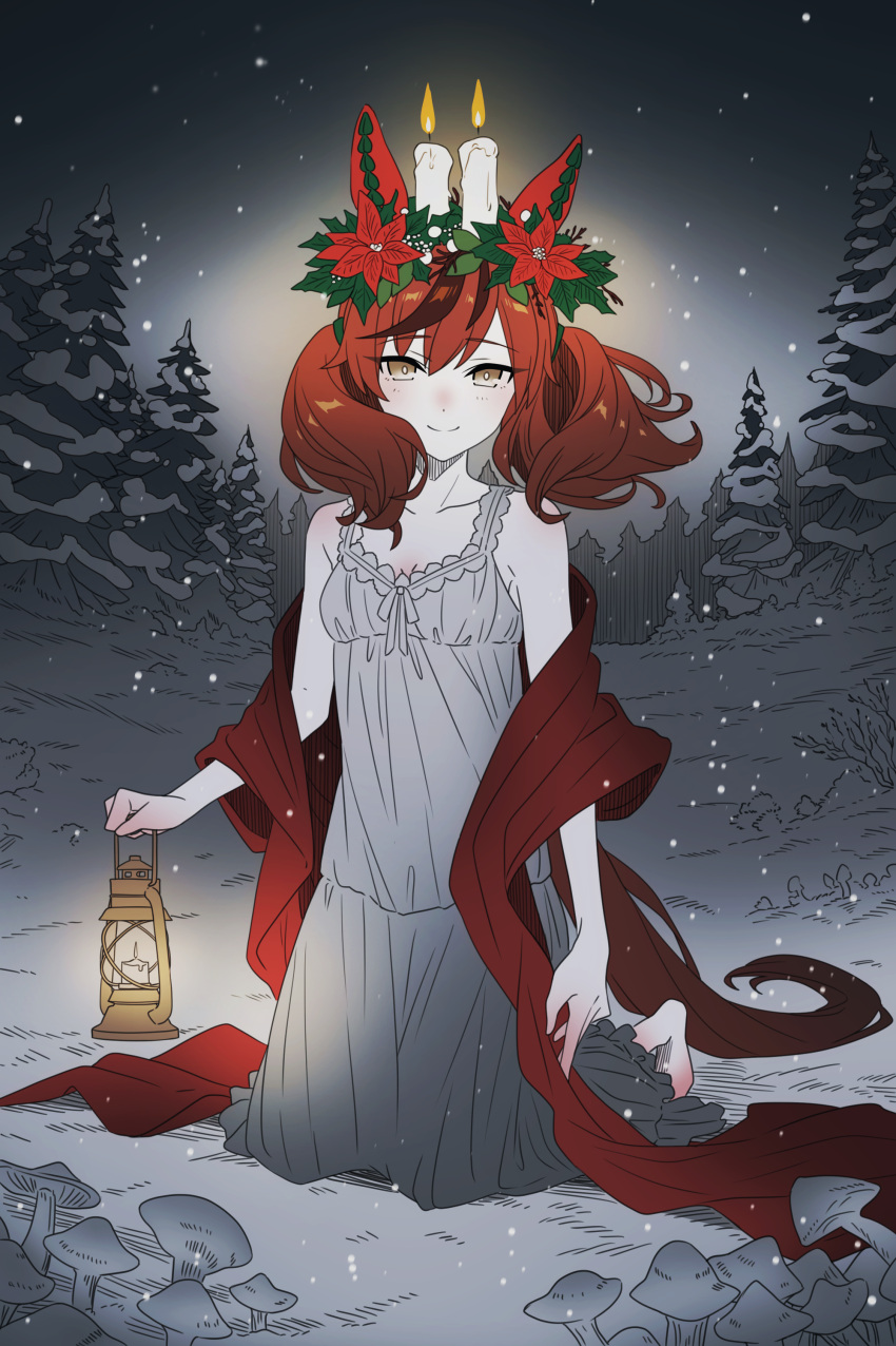 absurdres, animal_ears, bare_shoulders, barefoot, candle_on_headwear, candlelight, commentary, english_commentary, field, flower, head_wreath, highres, horse_ears, horse_girl, kneeling, lantern, light_smile, low_twintails, mushroom, nekoromancer, nice_nature_(umamusume), night, nightgown, pine_tree, poinsettia, red_hair, self-upload, snow, snowing, tree, twintails, white_nightgown, winter