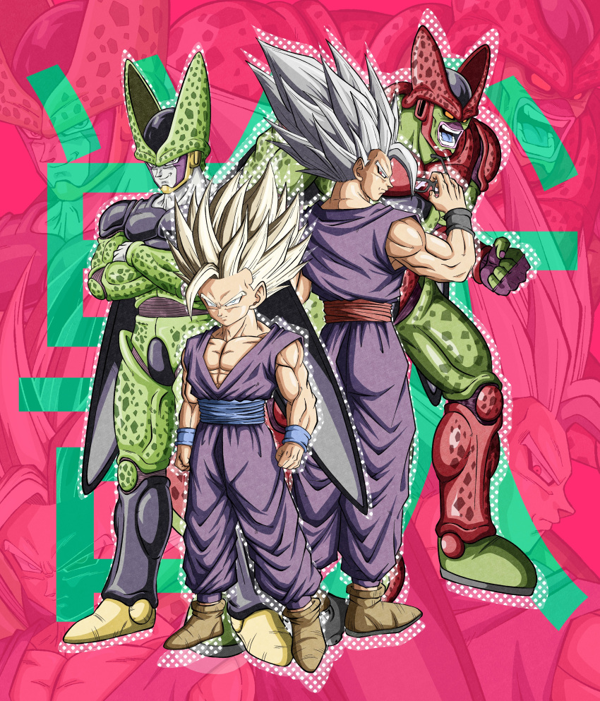 4boys, absurdres, age_progression, art_jake, back-to-back, blonde_hair, cell_(dragon_ball), cell_max, colored_skin, commentary, dragon_ball, dragon_ball_super, dragon_ball_super_super_hero, dragon_ball_z, english_commentary, full_body, gohan_beast, green_eyes, green_skin, grey_hair, group_picture, highres, long_hair, male_focus, medium_hair, multiple_boys, muscular, muscular_male, pants, pink_background, purple_pants, purple_shirt, red_eyes, red_sash, sash, shirt, son_gohan, standing, super_saiyan, super_saiyan_2, zoom_layer