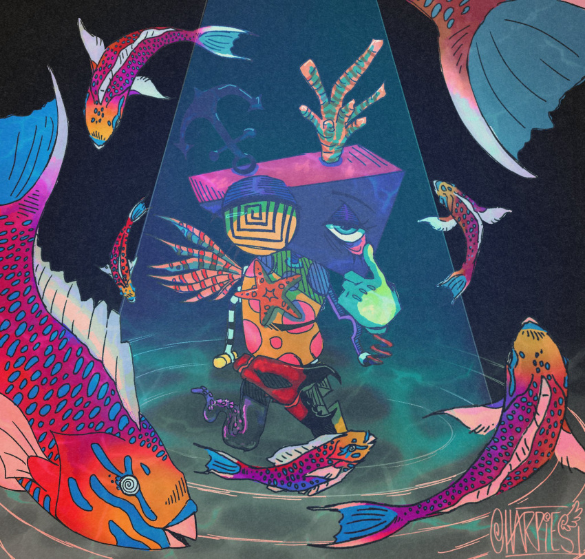 0harpies, 1other, anchor, blue_eyes, commentary, english_commentary, finger_to_eye, fish