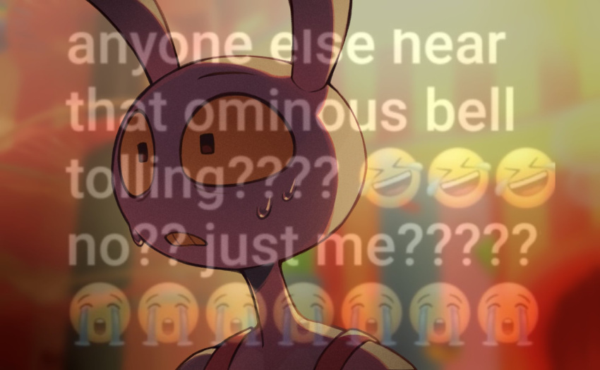 1boy, animal_ears, artist_name, commentary, crying_emoji, emoji, english_commentary, english_text, frown, furry, furry_male, highres, jax_(the_amazing_digital_circus), keikyoku_no_machi_wa_doko_e_(project_sekai), lilivae, looking_ahead, male_focus, meme, project_sekai, rabbit_boy, rabbit_ears, solo, sweat, the_amazing_digital_circus